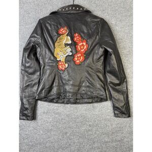 Girls Moto Jacket Faux Leather Studded Embroidered Tiger Floral Size M